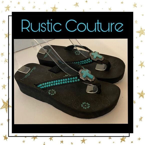 Rustic Couture Turquoise Silver Cross Flip Flops 7 - Picture 1 of 7